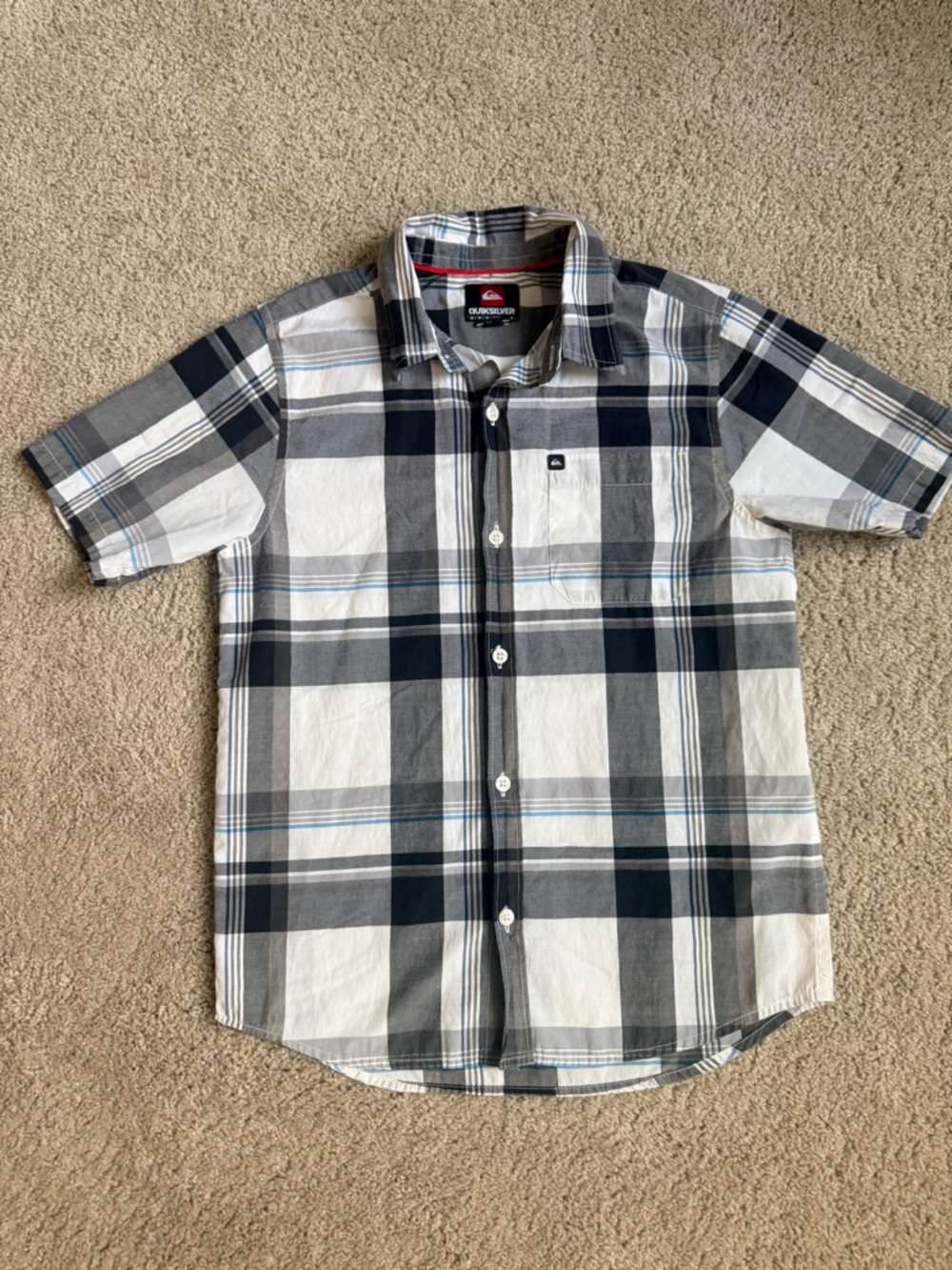 Quiksilver Boy’s Short-Sleeve Button-Down Shirt - White, Black, Blue & Gray